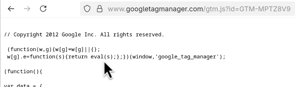 GTM container script showing the eval wrapper function