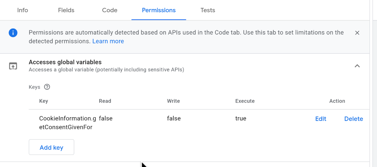 GTM Permissions tab showing CookieInformation.getConsentGivenFor with execute: true